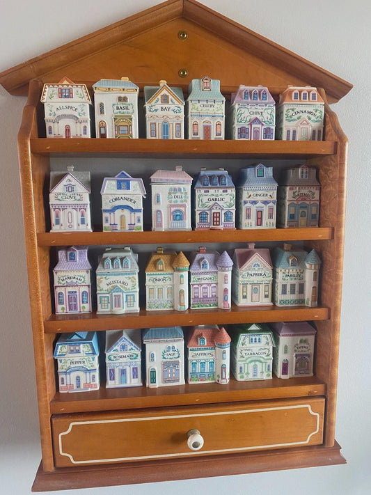 1989 LENOX Porcelain Spice Village House W/ 24 Jars Wooden Rack